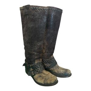 Women's Frye Jenna Western Brown Leather Moto Tall Riding Engineer Boots Sz‎ 6.5